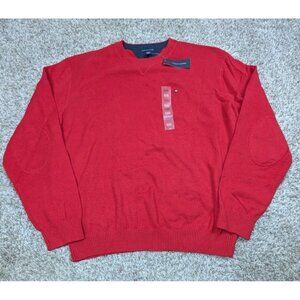 NEW Tommy Hilfiger Sweater Mens 2XL XXL Red Elbow Patch Crewneck Cotton Blend